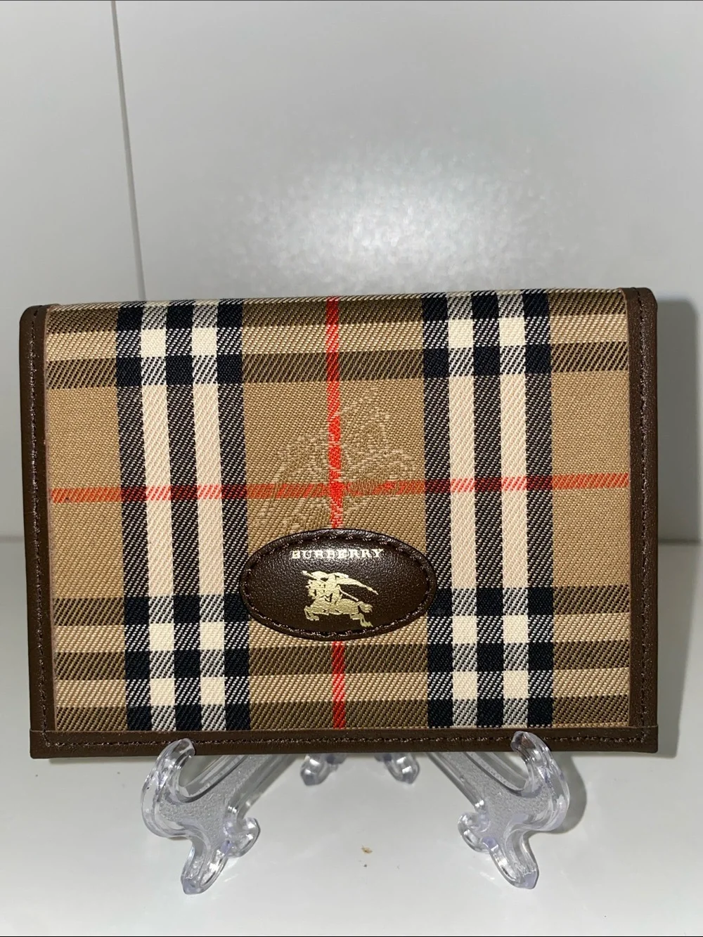 Authentic Burberry Tan Plaid Card Holder Wallet Brown Leather Trim